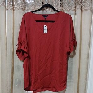 Express Red Rust Color V-Neck Short Puffed Sleeve Size Large Top
